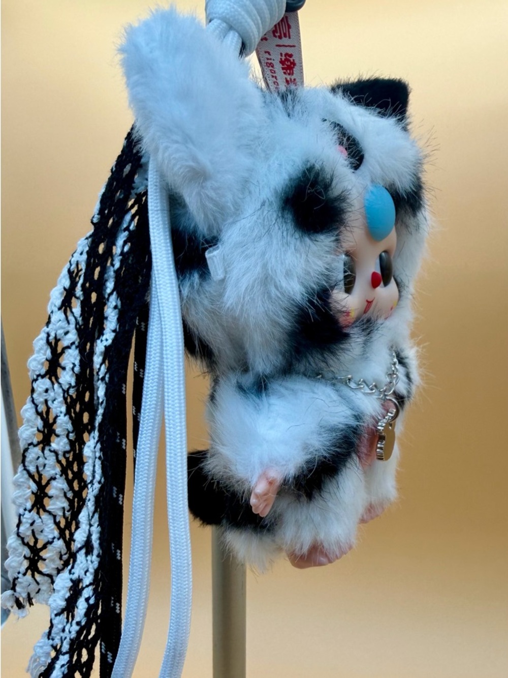 Kawaii Black & White Furry Doll Keychain with cord Accent - Picture 6 of 6